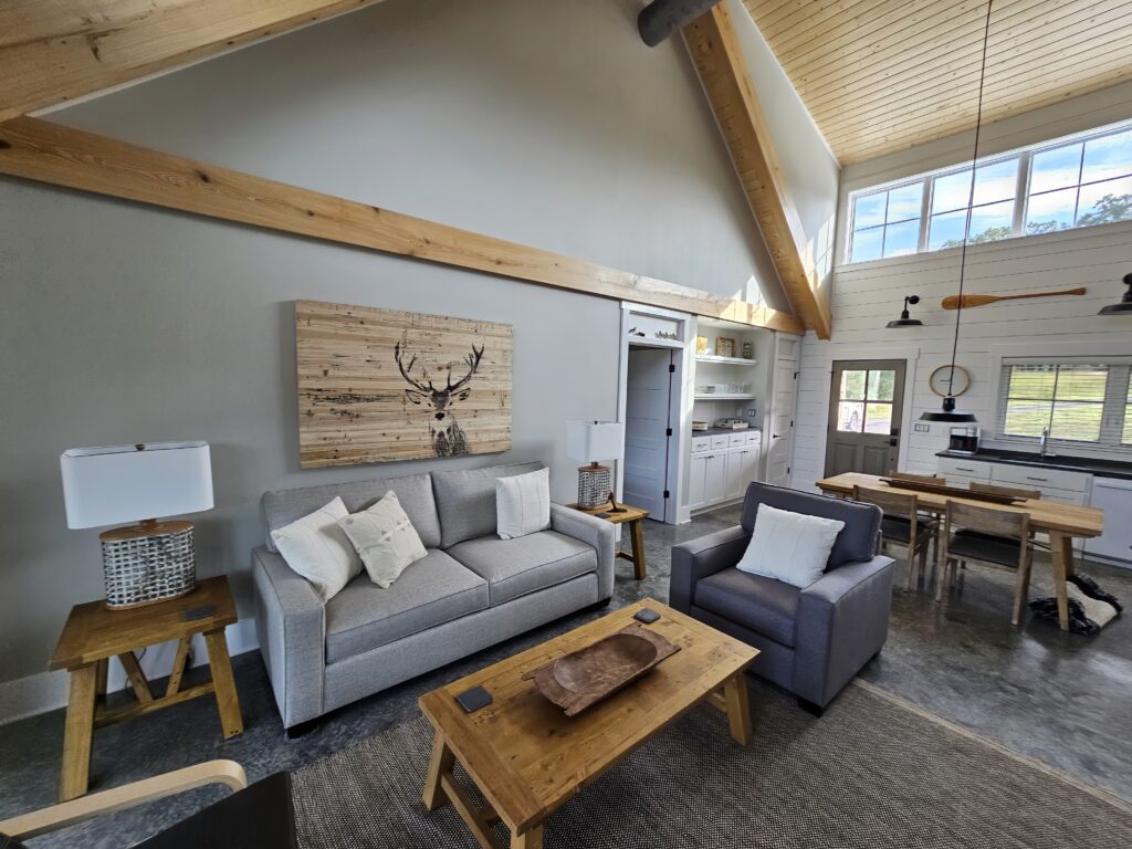 Modern rustic living room interior with vaulted ceiling.