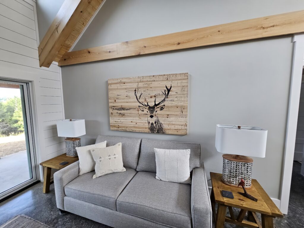 Modern living room with deer artwork and gray sofa.