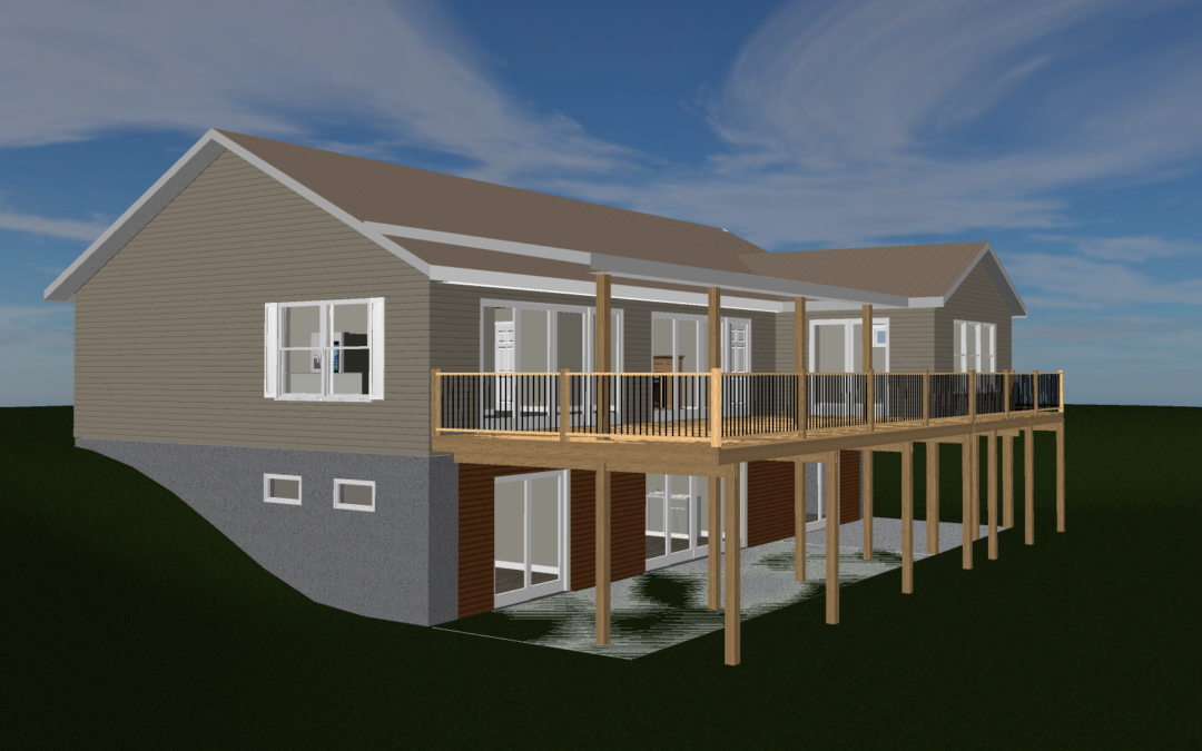 3D rendering of modern house with deck.