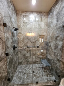 Master Shower, stone and pebble floor